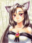  1girl animal_ears bare_shoulders blush breasts brooch bust cleavage dress imaizumi_kagerou jewelry kawachi_koorogi large_breasts looking_at_viewer marker_(medium) red_eyes solo touhou traditional_media wolf_ears 