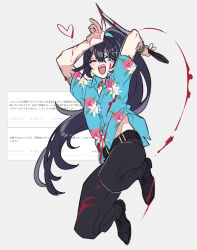 1boy :d arm_tattoo black_hair black_pants black_shoes blood blood_on_clothes blue_eyes blue_shirt collared_shirt dagger full_body grey_background hawaiian_shirt heart high_ponytail highres holding holding_dagger holding_knife holding_weapon hong_lu_(project_moon) knife limbus_company looking_at_viewer male_focus neck_tattoo one_eye_closed open_mouth pants ponytail project_moon shiki_(shikki46) shirt shoes short_sleeves simple_background smile solo standing tattoo tingtang_gang_(identity)_(project_moon) weapon 