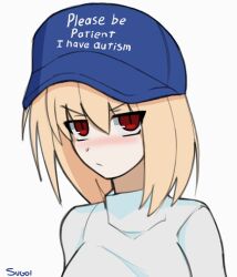1girl absurdres angry arcueid_brunestud autism blonde_hair blue_hat blush female_focus female_only hashtag-only_commentary hat highres looking_at_viewer meme please_be_patient_i_have_autism_(meme) pout red_eyes short_hair solo solo_focus sugoiiii sweater tsukihime turtleneck turtleneck_sweater white_background white_sweater