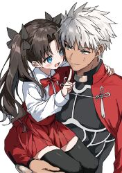  1boy 1girl archer_(fate) armor black_hair blue_eyes carrying carrying_person child coat dark-skinned_male dark_skin fate/stay_night fate_(series) grey_eyes highres red_coat spiky_hair syst098 tohsaka_rin tohsaka_rin_(fate/zero) white_hair 