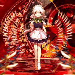  1girl abstract_background apron between_fingers bow bowtie braid danmaku dress embodiment_of_scarlet_devil floating floating_object floating_weapon frilled_apron frilled_skirt frilled_socks frills full_body green_bow grey_hair hair_bow holding holding_knife izayoi_sakuya kaigen_1025 knife knives_between_fingers maid maid_apron maid_headdress medium_hair multiple_hair_bows red_eyes short_hair short_sleeves skirt skirt_set socks solo spell_card straight-on touhou twin_braids waist_apron weapon_formation white_hair zun_(style) 