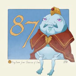  1boy barefoot blue_background character_name cloak commentary copyright_name english_commentary fish_boy highres king_zora male_focus naked_cloak outside_border red_cloak sitting solo the_legend_of_zelda the_legend_of_zelda:_ocarina_of_time violet_eyes yangyaozigo zora 