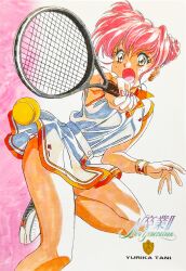  1girl ball bear_earrings double_bun earrings graduation_(series) hair_bun holding holding_racket holding_tennis_racket jewelry marker_(medium) non-web_source official_art open_mouth outstretched_arm panties panty_peek racket scan short_hair sleeveless solo sotsugyou_ii:_neo_generation sportswear takei_masaki tani_yurika tennis tennis_ball tennis_racket tennis_uniform traditional_media underwear wristband yellow_eyes 