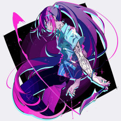  1boy arm_tattoo black_background black_hair black_pants blood blue_eyes blue_shirt border collared_shirt dagger grey_border hawaiian_shirt high_ponytail highres holding holding_dagger holding_knife holding_weapon hong_lu_(project_moon) knife limbus_company long_hair looking_at_viewer male_focus neck_tattoo pants pink_blood ponytail project_moon shiki_(shikki46) shirt short_sleeves simple_background solo sparkle standing tattoo tingtang_gang_(identity)_(project_moon) tongue tongue_out upper_body very_long_hair weapon 