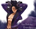 1boy abs artist_request black_hair fabulous gordeau hands_in_hair happy_birthday high_collar highres long_coat one_eye_closed pectorals shirtless short_hair solo under_night_in-birth 