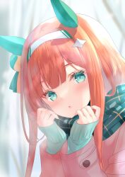  :o absurdres animal_ears blunt_bangs blush chickenbstrip coat ear_covers green_eyes green_scarf green_sweater hair_ornament headband highres horse_ears horse_girl long_hair long_sleeves looking_at_viewer open_mouth orange_hair outdoors pink_coat scarf silence_suzuka_(umamusume) star_(symbol) star_hair_ornament sweater umamusume upper_body very_long_hair white_headband 