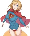  1girl blonde_hair blue_eyes breasts cape covered_navel dc_comics leotard mound_of_venus netlk parted_lips skin_tight solo supergirl sweat thigh_gap toned 
