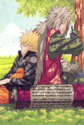  2boys absurdres black_jacket blonde_hair book closed_eyes day facial_mark grass highres jacket jiraiya_(naruto) kishimoto_masashi multicolored_jacket multiple_boys naruto_(series) naruto_shippuuden official_art one_eye_closed open_book orange_jacket orange_pants outdoors pants rain scroll short_hair sleeping smile spiky_hair tree two-tone_jacket uzumaki_naruto whisker_markings white_hair 
