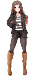  1girl absurdres black_jacket black_pantyhose black_shorts blush boots brown_boots brown_eyes brown_hair clark_grimms closed_mouth full_body hand_on_own_hip highres idolmaster idolmaster_million_live! jacket kitazawa_shiho knee_boots lapels leather leather_jacket long_hair long_sleeves notched_lapels open_clothes open_jacket pantyhose shirt shorts simple_background smile solo standing striped_clothes striped_shirt white_background 