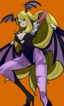  bat_print bat_wings blonde_hair chorimokki hair_over_one_eye head_wings high_heels morrigan_aensland morrigan_aensland_(cosplay) pantyhose pokemon shirona_(pokemon) vampire_(game) wings 