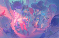  absurdres black_hair blonde_hair blue_hair breasts bungo_yayoi covered_eyes crab_claw double_bun eyepatch fake_horns green_hair hair_bun hair_ornament hair_over_one_eye hair_stick hat heaven_burns_red helmet highres horns kanzaki_adelheid kea_(hongsirongxiaodangaohongbeizhong) large_breasts long_hair long_sleeves medium_hair multiple_girls one_eye_covered pink_hair ponytail puffy_short_sleeves puffy_sleeves red_eyes sakuraba_seira satsuki_mari short_hair short_sleeves skirt team_31c_(heaven_burns_red) tenne_miko twintails veil very_long_hair white_hair witch_hat yamawaki_bon_ivar yellow_eyes 