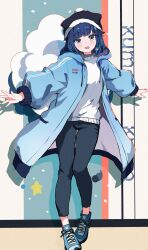  1girl :d beanie black_hat black_pants blue_coat blue_eyes blue_gemstone blue_hair blue_nails blue_shoes blush capri_pants clouds coat colorful_background commentary_request drawstring flower full_body gem hair_flower hair_ornament hat head_tilt highres hood hood_down hooded_coat kurony_(sirony) long_sleeves looking_at_viewer medium_hair nail_polish open_clothes open_coat open_mouth outstretched_arms pants pom_pom_(clothes) pom_pom_beanie puffy_long_sleeves puffy_sleeves raised_eyebrows shadow shoes smile sneakers solo spread_arms standing standing_on_one_leg star_(symbol) sweater tsumugi_kokage turning_head two-sided_coat two-sided_fabric vertical-striped_background virtual_youtuber vspo! white_flower white_sweater 