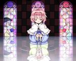  2girls blouse capelet hairband hiyashi_mikan komeiji_koishi komeiji_satori multiple_girls pink_hair red_eyes reflection short_hair solo_focus stained_glass tears third_eye touhou 