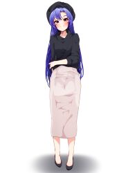  1girl absurdres beret black_hat black_shoes black_sweater blue_hair blush brown_eyes clark_grimms closed_mouth full_body hat highres idolmaster idolmaster_(classic) kisaragi_chihaya long_hair long_skirt long_sleeves looking_at_viewer pencil_skirt shadow shoes simple_background skirt smile solo standing sweater white_background white_skirt 