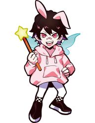  1boy animal_ears anime_coloring aqua_wings archived_source bandaid bandaid_on_face bandaid_on_nose black_hair black_mouth black_shoes checkered_print checkered_thighhighs colored_inner_hair crazy_raccoon double-parted_bangs drawstring facing_viewer fairy fairy_wings full_body gradient_wings hand_on_own_hip holding holding_wand hood hood_down hoodie legs_apart looking_at_viewer male_focus multicolored_hair multicolored_wings official_art open_mouth pink_hood pink_hoodie pink_sleeve_cuffs pocket print_thighhighs puppeteer7777 purple_hair rabbit_ears red_eyes second-party_source shoes single_ear_down sleeve_cuffs slip-on_shoes solo standing star_wand tachi-e thick_lineart thigh-highs tongue toppy_(crazy_raccoon) transparent_background two-tone_hair wand white_thighhighs wings 