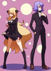  ace_trainer_(pokemon) ace_trainer_(pokemon)_(cosplay) blonde_hair chorimokki cravat glasses goyou_(pokemon) hair_ornament hair_over_one_eye lavender_hair poke_ball pokemon shirona_(pokemon) skirt skirt_lift 