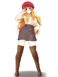  1girl absurdres blonde_hair blush boots brown_boots clark_grimms closed_mouth contrapposto full_body green_eyes grey_skirt hand_on_own_hip hand_up hat highres hoshii_miki idolmaster idolmaster_(classic) long_hair long_sleeves looking_at_viewer red_hat shadow simple_background skirt smile solo standing sweater sweater_tucked_in thigh_boots w white_background white_sweater 