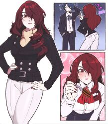  1boy 1girl absurdres blue_hair food gekkoukan_high_school_uniform highres holding holding_food jacket jeff_miga kirijou_mitsuru leather leather_jacket persona persona_3 persona_3_reload red_eyes red_hair school_uniform yuuki_makoto_(persona_3) 