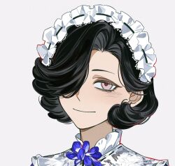  1girl black_hair closed_mouth eyelashes flower grey_background hair_over_one_eye highres jo_jun looking_at_viewer maid maid_headdress neck_flower one_eye_covered pink_eyes portrait purple_flower reverse:1999 short_hair simple_background smile solo tuesday_(reverse:1999) 