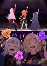  5girls blonde_hair blue_hair earrings feather_earrings feathers gawr_gura highres hololive hololive_english holomyth jewelry long_hair mori_calliope multicolored_hair multiple_girls ninomae_ina&#039;nis open_mouth orange_hair pink_hair purple_hair shark_girl short_hair smile twintails virtual_youtuber watson_amelia yuuyu_(777) 