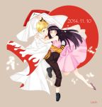  1boy 1girl blonde_hair blue_hair cape couple dated dress grin hat hetero highres hyuuga_hinata lavender_eyes liechi long_hair naruto purple_hair short_hair smile uzumaki_naruto 