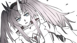  1girl animal_ears arknights bare_shoulders black_hair blue_eyes choker clovisia_(arknights) dutch_angle hair_ornament headband high_collar highres horns horse_ears long_hair looking_at_viewer njklop parted_bangs parted_lips simple_background single_horn twintails unicorn_girl unicorn_horn upper_body white_background 