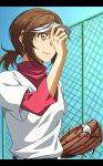  1girl baseball baseball_cap baseball_mitt baseball_uniform brown_hair hat kurohane ponytail sawabe_tsubaki shigatsu_wa_kimi_no_uso short_hair softball solo sportswear sweat yellow_eyes 