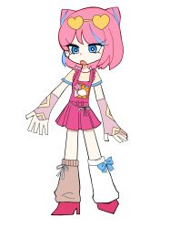  1girl absurdres asymmetrical_legwear blue_bow blue_eyes boots bow bow_legwear bright_pupils brown_leg_warmers character_print cone_hair_bun double_bun dress expressionless eyelashes eyeshadow eyewear_on_head flat_color frilled_dress frills full_body hair_bun heart heart-shaped_eyewear high_heel_boots high_heels highres infinity_nikki leg_warmers looking_ahead makeup mismatched_legwear momo_(nikki) multicolored_hair nikki_(series) open_mouth panty_&amp;_stocking_with_garterbelt parody pinafore_dress pink_arm_warmers pink_boots pink_dress pink_eyeshadow pink_hair pleated_dress ribbon ribbon_legwear shirt short_dress short_hair short_sleeves simple_background sleeveless sleeveless_dress solo standing streaked_hair style_parody sunglasses sweet_rhapsody_(infinity_nikki) t-shirt tachi-e teeth tinted_eyewear upper_teeth_only vitamin_e waist_ribbon white_background white_leg_warmers white_pupils white_ribbon yellow-framed_eyewear yellow-tinted_eyewear yellow_shirt 