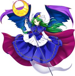  1girl blue_capelet blue_skirt cape capelet closed_mouth full_body game_cg ghost_tail green_eyes green_hair hat highres holding holding_staff long_hair long_sleeves looking_at_viewer mima_(touhou) official_art purple_wings rotte_(1109) skirt smile solo staff sun_print third-party_source touhou touhou_(pc-98) touhou_lostword transparent_background two-sided_cape two-sided_fabric very_long_hair wings wizard_hat 