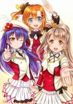  3girls :d amano_yuki arm_up artist_name blue_eyes blue_hair blush bowtie brown_hair earrings hair_ornament hairclip jewelry kousaka_honoka long_hair looking_at_viewer love_live!_school_idol_project minami_kotori multiple_girls necktie one_eye_closed open_mouth orange_hair outstretched_hand pointing pointing_at_viewer ribbon side_ponytail skirt smile sonoda_umi sore_wa_bokutachi_no_kiseki yellow_eyes 