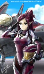 1girl blue_eyes blurry blurry_background bon!!!!!! canopy_(aircraft) clouds cloudy_sky derivative_work earrings english_text helmet highres holding holding_unworn_helmet jewelry landing_gear macross macross_delta macross_delta:_zettai_live!!!!!! mecha_pilot_suit mirage_farina_jenius pointy_ears purple_hair salute science_fiction signature sky unworn_headwear unworn_helmet variable_fighter vf-31ax 