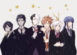  6+boys alcohol allen_walker arm_on_another's_shoulder arystar_krory beer belt black_hair black_necktie black_pants black_suit black_vest blue_eyes blue_hair blue_necktie cake cake_slice cigarette closed_eyes collared_shirt colored_skin creature creature_on_head cross cup d.gray-man devit dress_shirt drinking_glass earrings eyeliner eyepatch facepaint facial_mark facing_another food food_on_face forehead_mark fork glass gloves golem_(d.gray-man) grey_background grey_eyes grey_skin hair_between_eyes hair_over_one_eye hair_slicked_back hand_on_another's_shoulder highres holding holding_cup holding_plate horns jasdero jewelry kanda_yuu lavi long_hair looking_at_another looking_at_viewer looking_to_the_side low_ponytail makeup male_focus mature_male medical_eyepatch messy_hair mini_person mini_person_on_shoulder mole mole_under_eye multicolored_hair multiple_boys neckerchief necktie noah_(d.gray-man) one_eye_covered open_mouth orange_hair pants parted_lips plate pointy_ears ponytail purple_eyeliner purple_neckerchief purple_pants red_necktie scar scar_across_eye scar_on_face shirt short_hair sidelocks signature simple_background smile smoke smoking sodamachi spiky_hair star_(symbol) striped_clothes striped_shirt stud_earrings suit tail timcanpy tongue tongue_out twitter_username two-tone_hair tyki_mikk utensil_in_mouth vertical-striped_clothes vertical-striped_shirt vest violet_eyes wavy_hair white_gloves white_hair white_shirt wings yellow_eyes yellow_star 