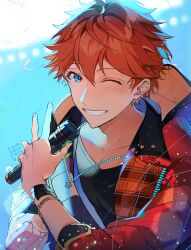  1boy akehoshi_subaru bead_necklace beads blue_eyes clenched_hand dongbackbyul ensemble_stars! hair_between_eyes highres holding holding_microphone jacket jewelry light_particles long_sleeves male_focus microphone necklace official_alternate_costume one_eye_closed open_clothes open_jacket orange_hair orange_jacket short_hair smile solo upper_body 