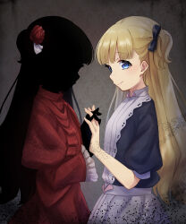  2girls absurdres apron black_bow black_dress black_hair black_skin blonde_hair blue_eyes bow colored_skin dress emilico_(shadows_house) flower hair_bow highres hinatugu interlocked_fingers kate_(shadows_house) lace-trimmed_apron lace_trim living_doll_uniform long_hair long_sleeves multiple_girls red_dress red_flower red_rose rose shadow_(shadows_house) shadows_house short_sleeves smile soot two_side_up 