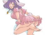  1girl animal_ears arms ass bare_legs barefoot breasts bunny_tail carrot_necklace dress dress_pull embarrassed feet inaba_tewi inaba_tewi_(cosplay) large_breasts leg_up legs looking_to_the_side mabui no_panties open_back pink_dress purple_hair rabbit_ears red_eyes short_hair simple_background solo tail tears tears_in_eyes thighs touhou white_background yasaka_kanako 