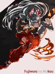  1girl absurdres artist_name black_background bow character_name chinese_commentary clenched_hand closed_mouth commentary_request dated fire floating_hair fujiwara_no_mokou full_body hair_bow hair_floating_upwards highres liefeng_dm long_hair long_sleeves looking_at_viewer mixed-language_commentary multiple_hair_bows pants red_eyes red_pants red_shoes shirt shoes solo standing standing_on_one_leg suspenders touhou two-tone_background white_background white_hair white_shirt 