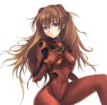 1girl blue_eyes brown_hair demonk hand_on_own_chest long_hair neon_genesis_evangelion plugsuit small_breasts solo souryuu_asuka_langley white_background 