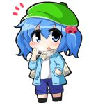  1girl alternate_costume blue_eyes blue_hair casual chibi hair_bobbles hair_ornament hand_in_pocket hat jacket kawashiro_nitori looking_at_viewer open_clothes open_jacket open_mouth scarf shirt shorts solo touhou twintails twumi 