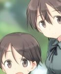  2girls black_ribbon brown_eyes brown_hair christiane_barkhorn gertrud_barkhorn hair_ribbon jacket long_hair long_sleeves lowres multiple_girls open_mouth ribbon shimada_fumikane short_hair siblings sisters smile strike_witches sweatdrop 