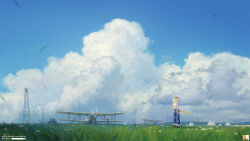  1boy 1girl aircraft airplane airport artist_name artstation_username biplane blonde_hair blue_sky building canvas_texture clouds cloudy_sky day facing_away field full_body gloves goggles goggles_on_head grass helmet highres hill logo mangshuo nature original outdoors pants pilot propeller scenery shirt short_hair sky sleeveless standing tent transmission_tower twitter_username weibo_username white_shirt wide_shot wind 