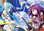  2girls absurdres asuna_(sao) asuna_(sao-alo) blue_eyes blue_hair clouds fingerless_gloves gloves highres long_hair multiple_girls newtype official_art pointy_ears purple_hair red_eyes sky suzuki_kanta sword sword_art_online very_long_hair weapon yuuki_(sao) 