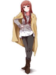  1girl absurdres black_pants blush boots brown_boots brown_coat clark_grimms coat coat_on_shoulders full_body grey_shirt grin hand_on_own_hip highres idolmaster idolmaster_million_live! long_hair long_sleeves looking_at_viewer pants pants_under_skirt red_eyes red_hair shadow shirt simple_background skirt smile solo standing tanaka_kotoha white_background white_skirt 