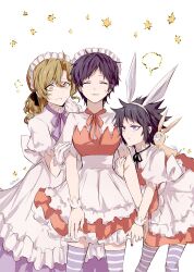  3girls absurdres animal_ear_hairband animal_ears apron black_nails black_ribbon blonde_hair blue_eyes brown_ribbon closed_eyes crying crying_with_eyes_open d.gray-man doll dress earrings facing_viewer fake_animal_ears frilled_apron frills gloves grey_hair hair_between_eyes hair_ribbon hairband hand_on_another's_arm highres holding_another's_arm jewelry lenalee_lee long_hair looking_down looking_to_the_side low_ponytail maid maid_apron maid_headdress mature_female messy_hair miranda_lotto multiple_girls neck_ribbon noah_(d.gray-man) orange_dress orange_ribbon parted_lips petticoat pixie_cut ponytail puffy_short_sleeves puffy_sleeves purple_hair purple_ribbon purple_thighhighs rabbit_ear_hairband rabbit_ears ribbon road_kamelot short_hair short_sleeves sidelocks signature simple_background sodamachi spiky_hair star_(symbol) striped_clothes striped_thighhighs stud_earrings stuffed_animal stuffed_rabbit stuffed_toy sweat sweatdrop tears thigh-highs twitter_username two-tone_dress waist_apron wavy_hair white_apron white_background white_dress white_gloves wristband yellow_eyes yellow_star 