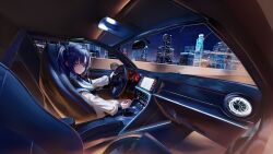  1girl absurdres black_halo black_jacket blue_archive blue_necktie car car_interior cityscape collared_shirt driving gear_shift gwinggwing halo highres jacket long_hair mechanical_halo missing_commentary motor_vehicle necktie night nissan nissan_gt-r parted_lips purple_hair rear-view_mirror shirt solo steering_wheel two_side_up violet_eyes white_jacket white_shirt yuuka_(blue_archive) 