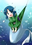  1girl blue_eyes blue_hair covering covering_crotch fishing_hook fishing_line head_fins japanese_clothes kimono kousei_(public_planet) mermaid monster_girl obi open_mouth sash skirt skirt_lift solo touhou underwater wakasagihime 