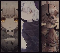  1girl city gamo_tako hair_ornament hime_cut looking_at_viewer magical_girl mahou_shoujo_ikusei_keikaku sailor_collar school_uniform short_hair snow_white_(mahoiku) white_hair yellow_eyes 