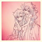  2girls alternate_hairstyle dress flower hair_flower hair_ornament hug hug_from_behind multiple_girls nia_teppelin nonosaki sitting sketch smile tengen_toppa_gurren_lagann yoko_littner 