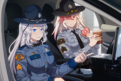  2girls absurdres alternate_costume blue_eyes blue_shirt campaign_hat car car_interior commentary_request conscript96 doughnut drink food hat highres holding holding_drink holding_food long_hair long_sleeves looking_at_viewer motor_vehicle multicolored_hair multiple_girls north_carolina_(warship_girls_r) north_carolina_highway_patrol open_mouth police police_badge police_car police_hat police_uniform policewoman red_eyes red_hair shirt sitting two-tone_hair warship_girls_r washington_(warship_girls_r) washington_state_patrol white_hair 