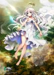  1girl bare_shoulders barefoot clouds dress floating green_eyes halo legs long_hair see-through sky solo strapless_dress wavy_hair white_hair 