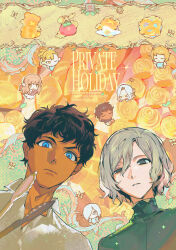  bags_under_eyes black_eyes black_hair blonde_hair blue_eyes chibi chibi_inset closed_eyes cover cover_page curly_hair dark-skinned_male dark_skin doujin_cover dungeon_meshi elf english_text food grey_hair helki_(dungeon_meshi) high_collar highres kabru km_(ksolee1201) lazy_eye looking_at_viewer male_focus milsiril mithrun mithrun's_brother mithrun_(young) notched_ear open_mouth pink_hair pointy_ears shirt short_hair tongs uneven_eyes yellow_eyes 
